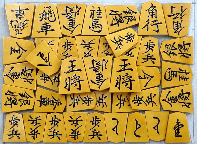 御蔵嶋つげ糸柾盛上駒 [豊島龍山作・小野書・歩20枚の駒組]